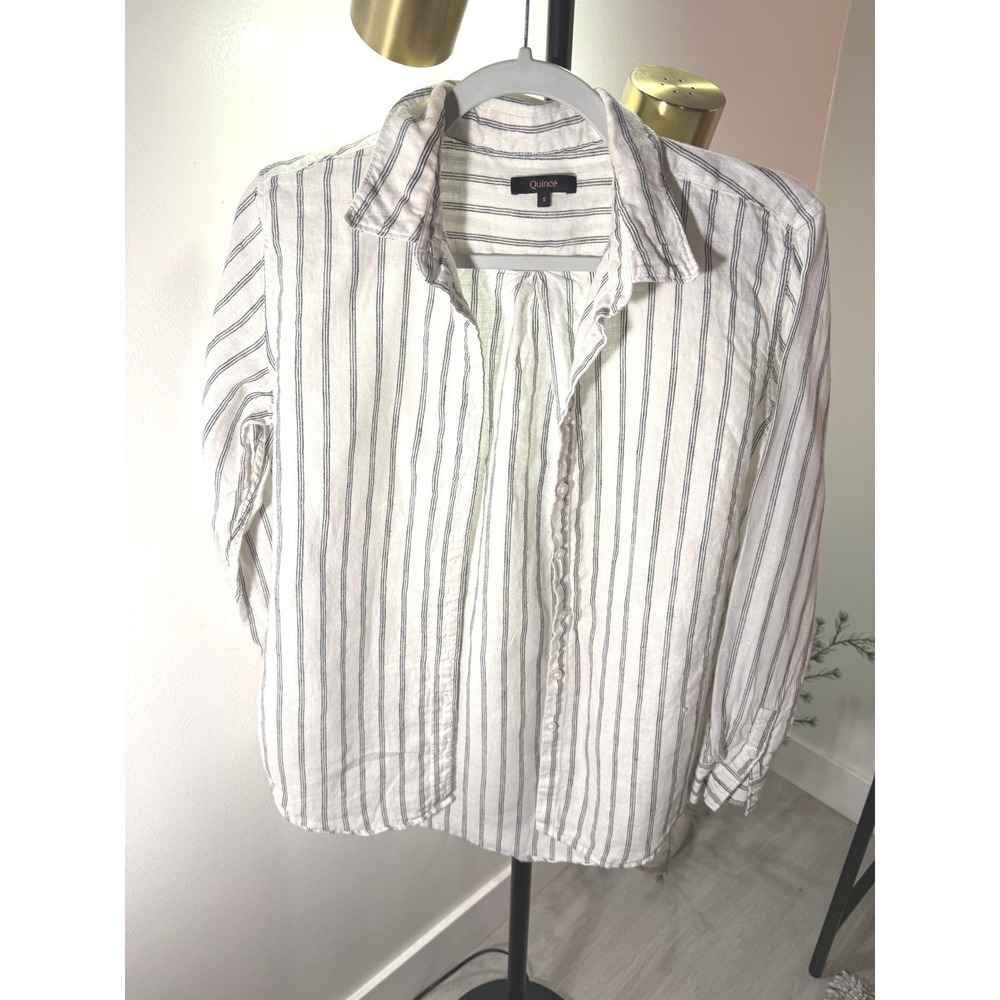 Quince button down striped linen SM layering cream neutral cool comfort fall euc